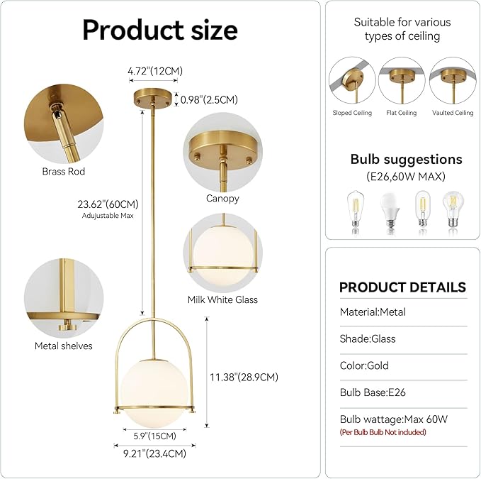 youngrender Modern Gold Schoolhouse Pendant Light Fixture, 6" Gold Globe Pendant Lighting with Hanging Adjustable Height, One Light Milk Glass Chandelier for Kitchen Island Dining Room Hallway