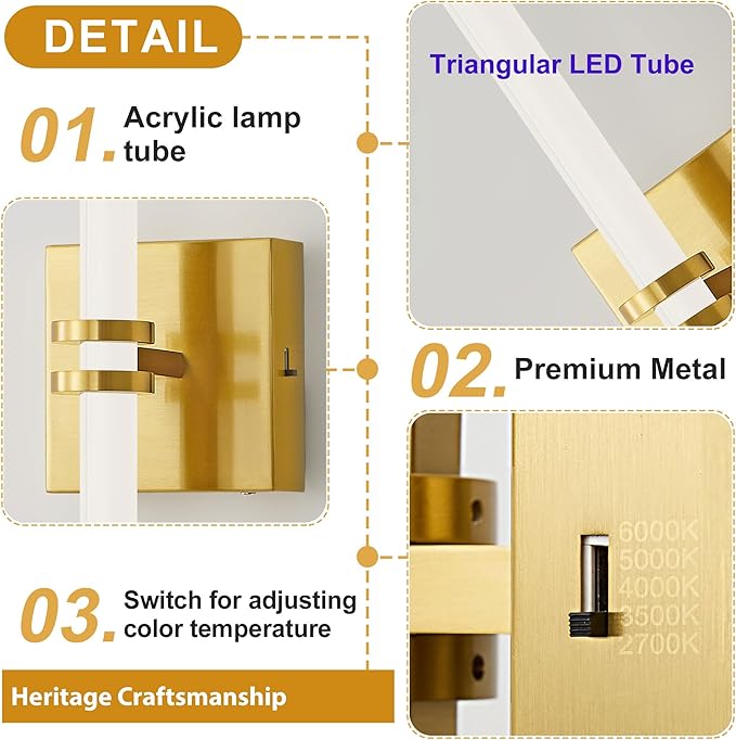Bathroom Light Fixtures,Gold 40W LED 360° Full Lighting Modern Wall Sconce Vanity Light with 5-Color Dimmable 3000K-6000K, 45.28inch Vanity Lighting for Bath, Powder Room, Bedroom, Hallway