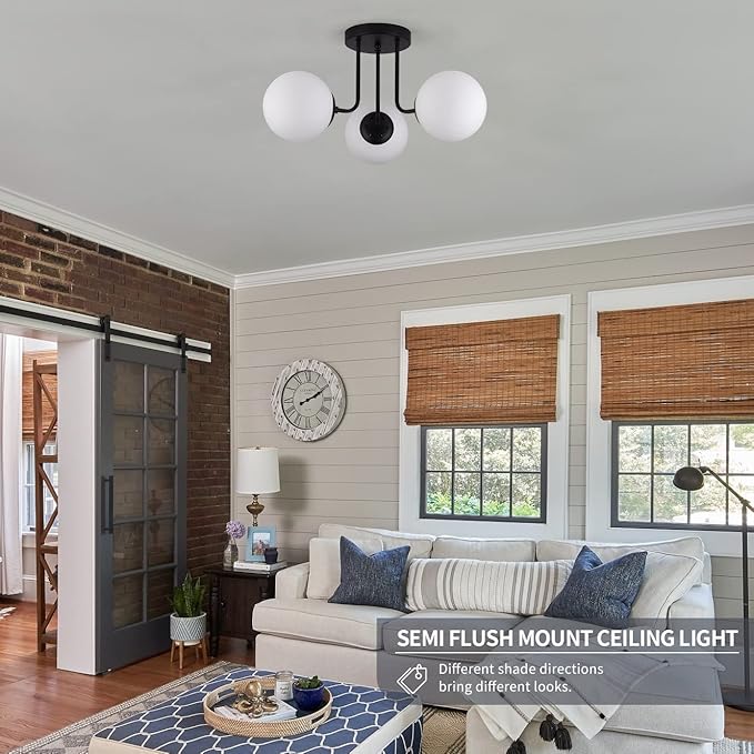 KoKo&Yukina 3-Light Semi Flush Mount Ceiling Light Globe Lights Mid Century Ceiling Light with Opal Milk Glass Globe & Matte Black for Bedroom Hallway Entryway Kitchen Living Room (Bulb Incl.)