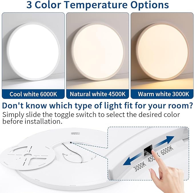 24 Inch Large Led Flush Mount Ceiling Light Fixture, Ultra Thin, Dimmable, 3000K/4500K/6000K, 48W, 4800LM, Modern, White, for Bedroom, Kitchen, Dining Room, Living Room, Home Office, Laundry Room
