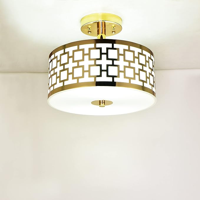 Semi Flush Mount Ceiling LED Light Fixture Hanging with Drum Shade for Dining & Living Room Kitchen Office Shop Entryway & Hallway Modern Chandelier Lamp Brushed Chrome Finish E26 Base