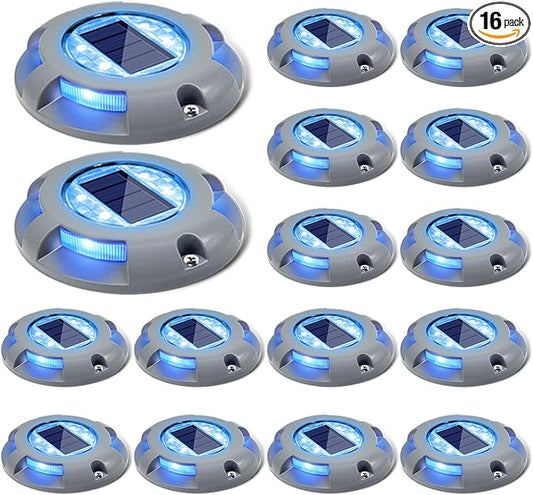 SIEDiNLAR Solar Deck Lights Driveway Dock Light LED Solar Powered Outdoor Waterproof Road Markers for Step Garden Sidewalk Stair Ground Pathway Yard 16 Pack (Blue)