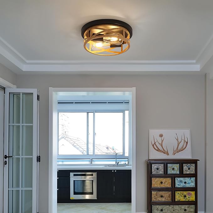 2 Pack Close to Ceiling Light Fixtures, 2-Light Indoor House Flush Mount Ceiling Light, 11 Inch Metal Cage Cross Wood Finish Farmhouse Ceiling Lights for Kitchen Hallway Bedroom