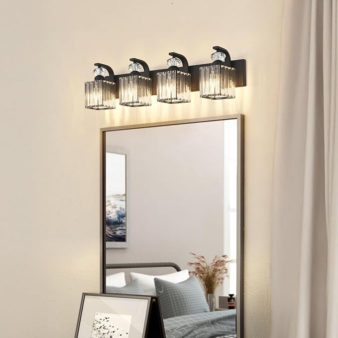 Modern Bathroom Vanity Light, 4-Light Black Bathroom Lighting Fixtures Over Mirror, 28.4" Crystal Wall Light Sconce for Bathroom/Bedroom/Vanity, Includes LED Bulbs, Easy Installation