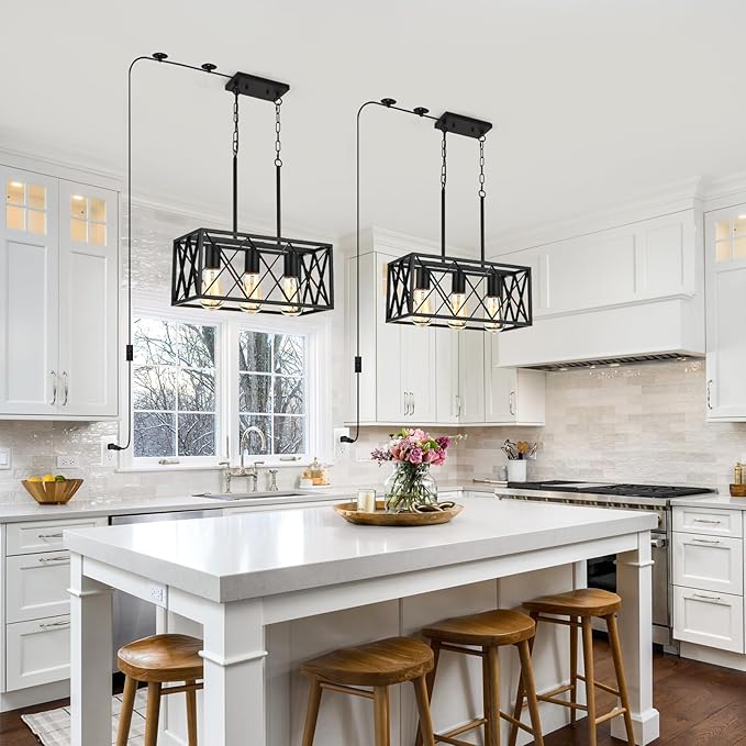 Black Plug in Pendant Light，3-Light Dining Room Light Fixture Over Table,Plug in Ceiling Light for Kitchen Sink，Industrial Metal Kitchen Pendant Lighting Over Island.