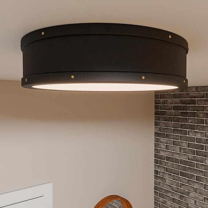 Ouoizel Ahoy Round Flush Mount Ceiling Light, 16 Inch Matte Black Drum Light with Metal Shade, 33 W LED, 2605 Lumens, Close to Ceiling Light Fixtures for Home, Kitchen or Office Lighting