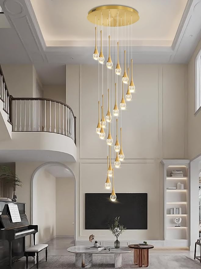 ykolupty 138'' High Ceiling Chandelier for Entryway Gold Raindrop Crystal Chandeliers for Living Room Foyer Staircase Flush Mount Sloping Ceiling Pendant Light Fixture LED Dimming 2700k-6000k