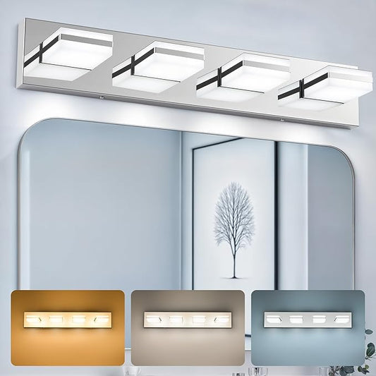 VONLUCE Bathroom Vanity Light Fixture, 4-Light Modern LED Vanity Light, 3CCT Adjustable Bathroom Lights with Memory Function Rotatable Shades, 26" Wall Lighting Fixture Over Mirror, Chrome
