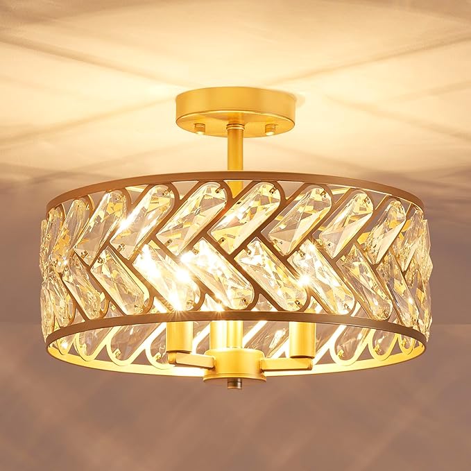 AGV LIGHTING K9 Crystal Ceiling Light, Flushmount Ceiling Light Fixture for Living Room, Close to Ceiling Modern Design, 3-Lights, D15 x H11 in, Clear Crystal & Gold Finish Frame