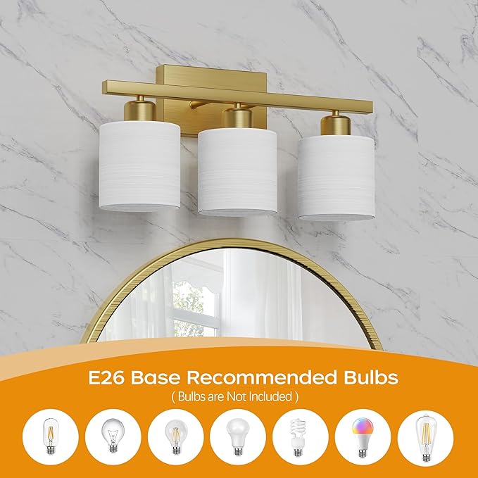 PARTPHONER Bathroom Light Fixtures, Bathroom Lighting Fixtures Over Mirror, Interior Classic Vanity Lights, Modern Vanity Light with Textured White Glass Shade, Brushed Gold, 3-Light