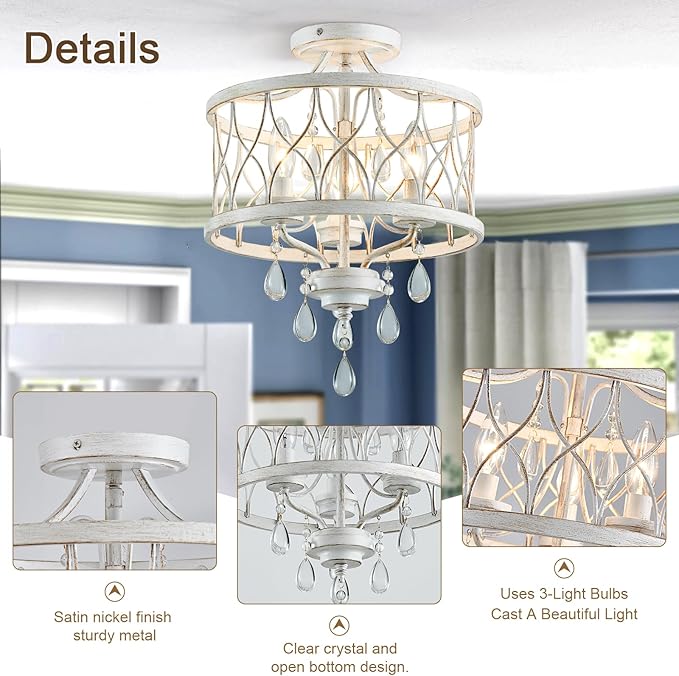 Farmhouse Crystal Ceiling Light Fixture, 3-Light Semi Flush Mount Crystal Chandelier Light Fixture Rustic Vintage White Pendant Ceiling Lamp for Hallway Corridor Kitchen Entryway Bedroom Living Room