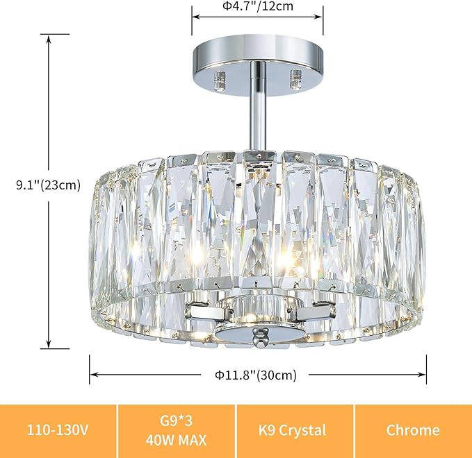 Crystal Ceiling Light, 3-Light Modern Semi-Flushmount Ceiling Light for Living Room, Dinning Room Hallway, D12xH9inch, Chrome Finish Frame & K9 Crystal
