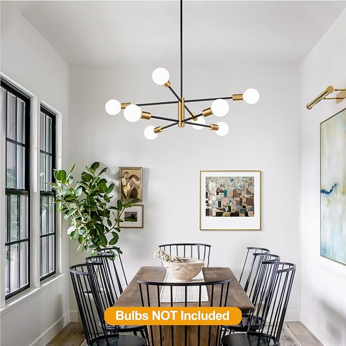 MQMQA Sputnik Chandeliers Dining Room Light Fixture (8-Light, 30-Inch), Modern Brushed Gold and Black Chandelier, Height Adjustable Mid Century Modern Chandeliers for Dining Room (Bulbs Not Included)