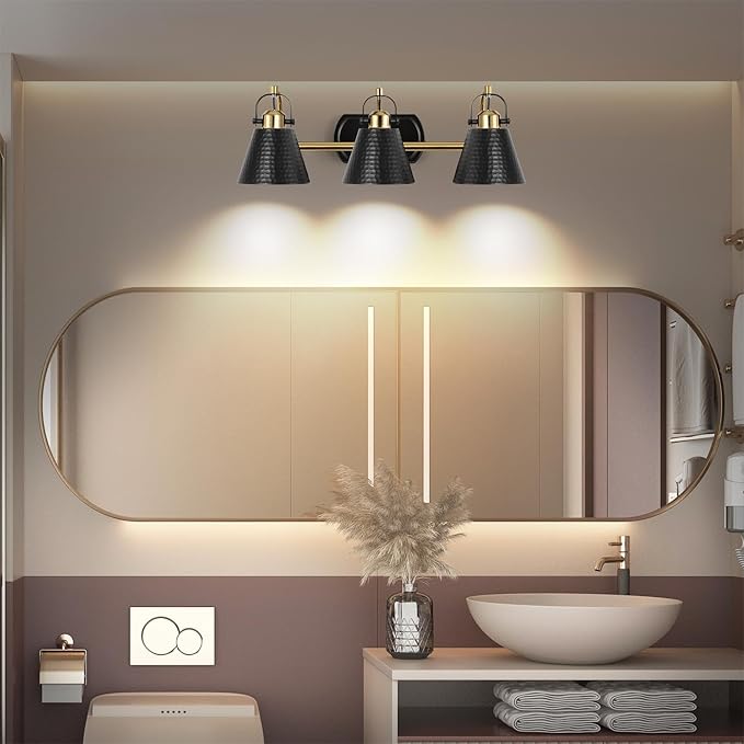 PAZALA Black and Gold Vanity Light, 3-Lights Farmhouse Vanity Light, Bathroom Light Fixtures Over Mirror, 24inch Modern Bathroom Wall lamp for Bath Mirror Living Room Cabinet Bedroom
