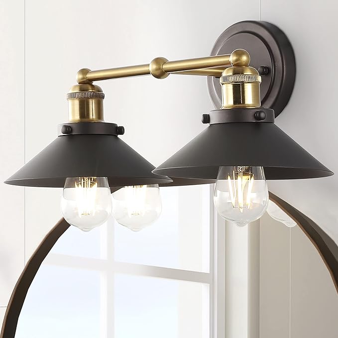 JONATHAN Y 17.5" Oil Rubbed Bronze/Brass Gold 2-Light Industrial Farmhouse Metal Vanity Light Wall Sconce, Metal Shade for Bathroom Mirror, Kitchen, Entryway, LED Bulb Included (JYL7427C)