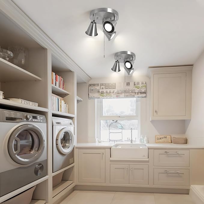 SEEBLEN 3-Light Industrial Directional Track Lighting with Pull Chain On/Off, Adjustable Round Ceiling Spotlight, Morden Nickel Flush Mount Kitchen Light for Hallway,Dining Room,Gu10 Bulbs Included