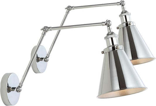 JONATHAN Y 7" Chrome Classic Industrial Metal Adjustable Arm LED Wall Sconce for Bedside Reading, Farmhouse Swing Arm Wall Lamp with Metal Shade, Hardwired (JYL7460A-SET2)