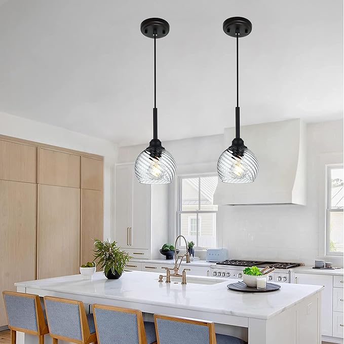2 Pack Pendant Lights Kitchen Island with Clear Striped Swirl Globe Glass, Modern Hanging Light Fixtures Semi Flush Mount Stylish Black Pendant Lighting for Dining Room Hallway Bedroom Bar