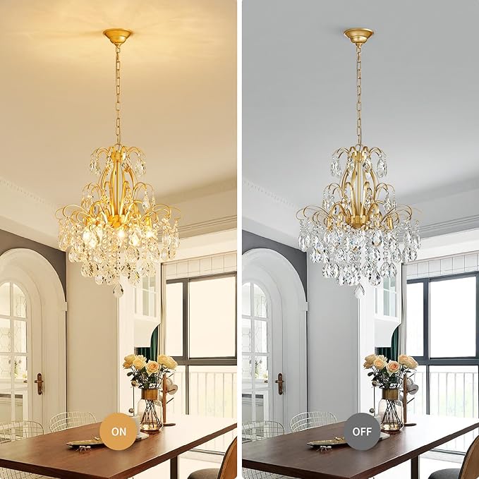 WUZUPS 5-Light Crystal Candle Chandelier Pendant Ceiling Modern Lighting Fixture for Bedroom Hallway Bar Kitchen Bathroom, H 22.8" W19.7, E12 Base, Gold