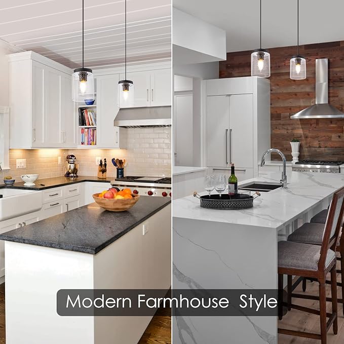 Industrial Mini Pendant Light Modern Bubble Seeded Glass Hanging Lighting Cylinder Adjustable Cord for Kitchen Island Dining Table Over Sink, Black, 1 Pack
