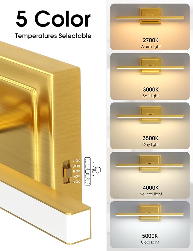 VOLISUN Bathroom Vanity Light 24 inch, 14W Dimmable 5CCT Led Bathroom Light Fixture Over Mirror, Gold Bar Vanity Light for Bathrooms-ETL Certificated