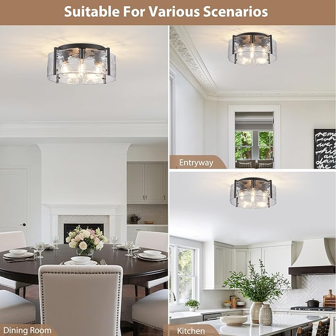 17.3“ Semi Flush Mount Ceiling Light Fixture, Black 4-Light Modern Water Ripple Chandelier Glass Light Fixture for Entryway Hallway Kitchen Island Dining Room Foyer Bedroom Laundry Hallway