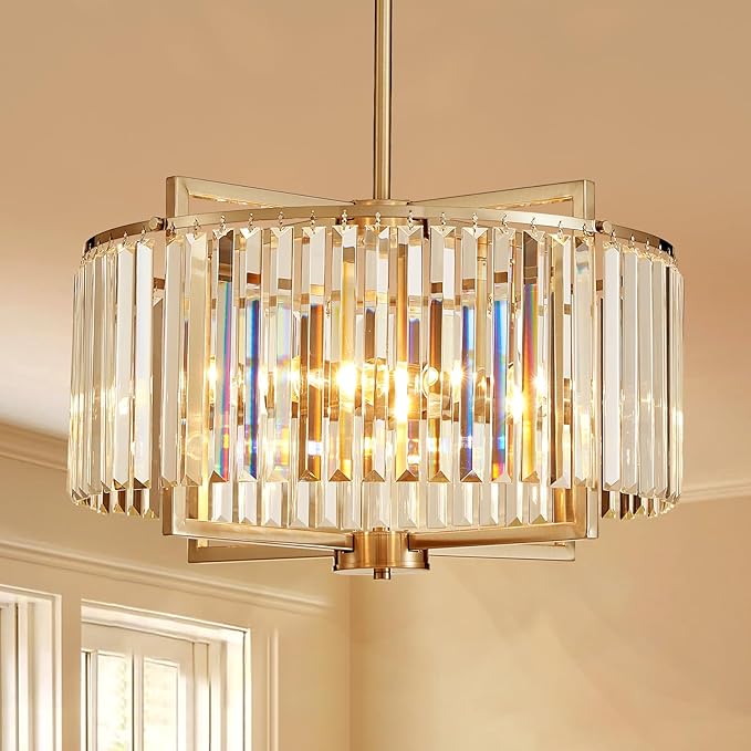 Crystal Dining Room Chandelier Light Fixture Modern Round Brushed Nickel Chandeliers for Kitchen Hallway Bedroom Foyer Living Room 5-Light 20 Inch Farmhouse Adjustable Height Hanging Light