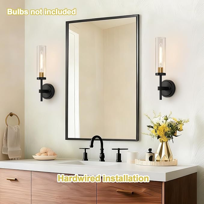 MOKATNG Wall Sconces Set of Two, Black and Gold Bathroom Sconces with Clear Glass, Hardwired Sconces Wall Decor Set of 2, Modern Wall Light Fixtures for Bathroom Mirror Living Room Bedroom Hallway