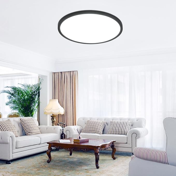 16 inch LED Flush Mount Ceiling Light, 32W 3200lm Dimmable Ceiling Light Fixtures, 3000K/4000K/6500K Selectable, Ultra Thin Round Lamp for Bedroom Kitchen Living Room Dining Room, Black