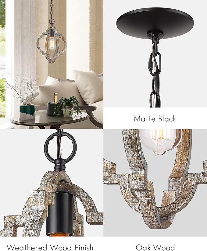 Farmhouse Pendant Lights, Wood Dining Room Light Fixtures, Adjustable Height Hanging Pendant Lights for Kitchen Island, Foyer, Entryway