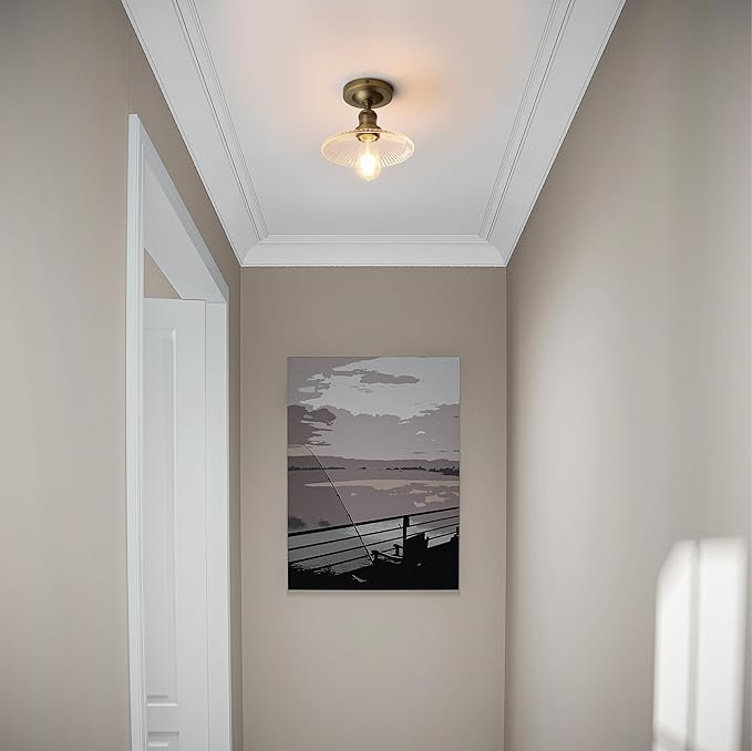 Industrial Semi Flush Mount Ceiling Light, Clear Striped Glass Lamp Shade Pendant Light Fixture, 1-Light Close to Ceiling Light Fixture for Hallway, Entryway, Kitchen, Bedroom