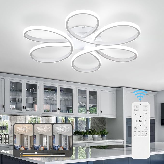 26inch Modern LED Ceiling Light, 6 Rings Flower Flush Mount Light Fixture with Remote Control White Dimmable Ceiling Lamp for Living Room, Bedroom, Dining Room, Hallway, Kitchen