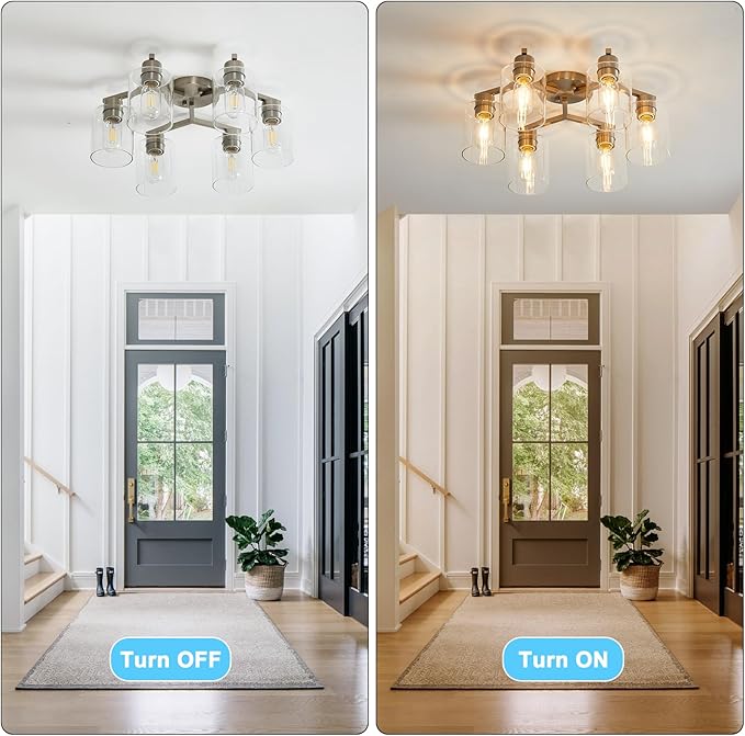6 Light Semi Flush Mount Ceiling Light Modern Brushed Nickel Ceiling Light Fixtures Kitchen Lighting Fixtures Cieling with Clear Glass Shade for Kitchen Bedroom Living Room Dining Room