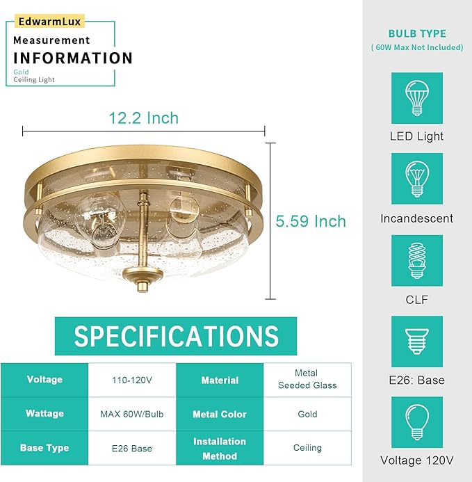 Edwarmlux Flush Mount Ceiling Lights, 2-Light Farmhouse Close to Ceiling Light, Industrial Ceiling Lighting Fixture for Kitchen Hallway Bedroom Living Room Stairways Porch (Gold)