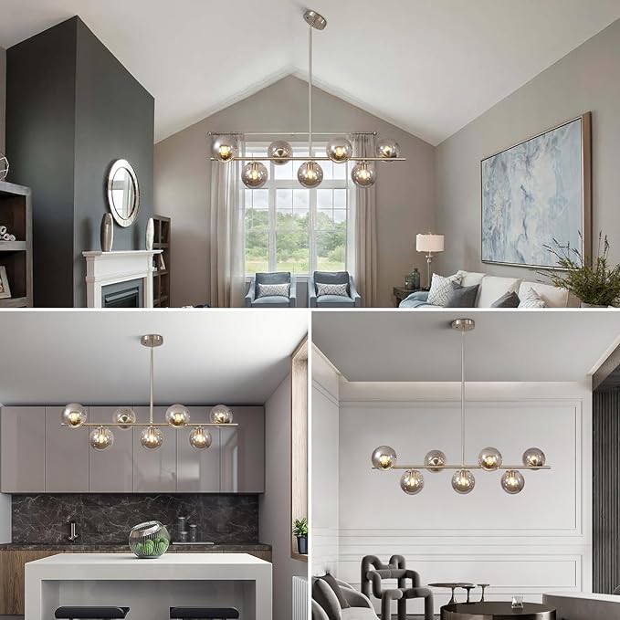 KCO Lighting Linear Globe Chandelier Brushed Nickel Pendant Lights Kitchen Island Silver Linear Pendant Lights Smoke Glass Chandelier Mid Century Modern Dining Room Light Fixture