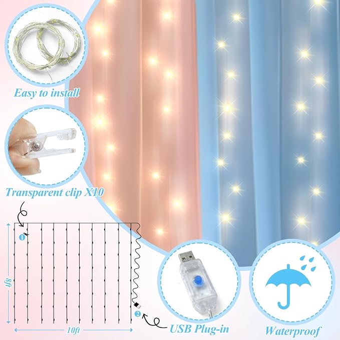 Ledido 10×8ft Pink Blue Tulle Backdrop Curtains with Lights String - 300LED Fairy Lights Sheer Curtain Backdrop for Gender Reveal Baby Shower Photo Shoot Birthday Party Decoration(2 Panels 5×8ft)