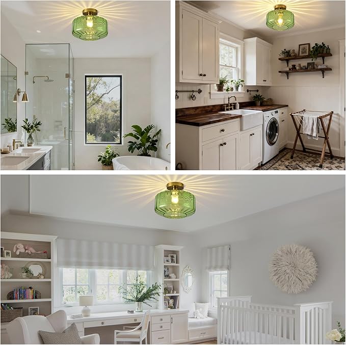 Green Glass Semi Flush Mount Ceiling Light, Luxury Close to Ceiling Light Fixtures with Glass Shade, 11" Round Light Fixtures Ceiling Mount for Bathroom Dining Room Bedroom Living Room Hallway, E26