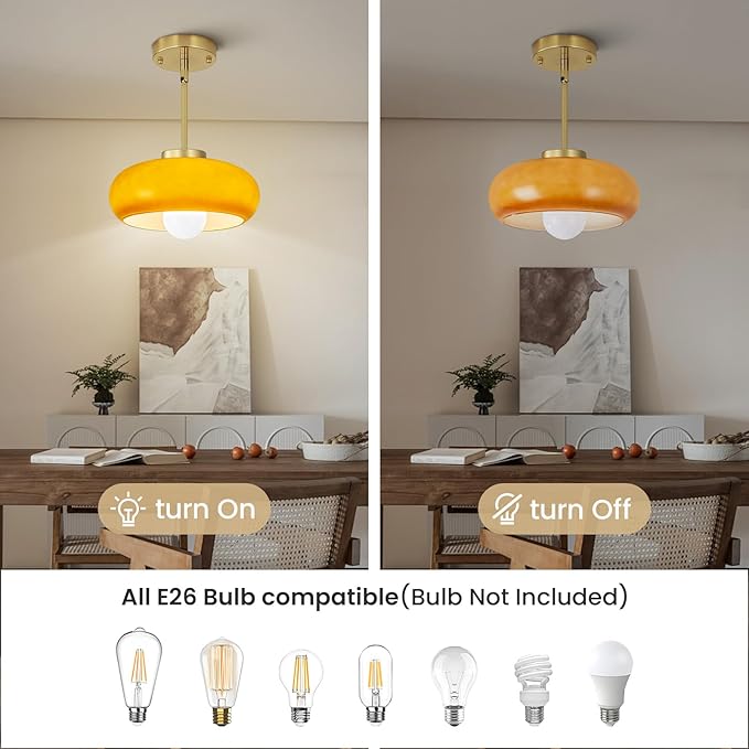 Yunnix Semi Flush Mount Ceiling Light, Gold Light Fixture, Mid-Century Modern Farmhouse Brown Glass Small Light Fixtures for Hallway, Bathroom, Kitchen, Bedroom, Living Room, Closet, Laundry
