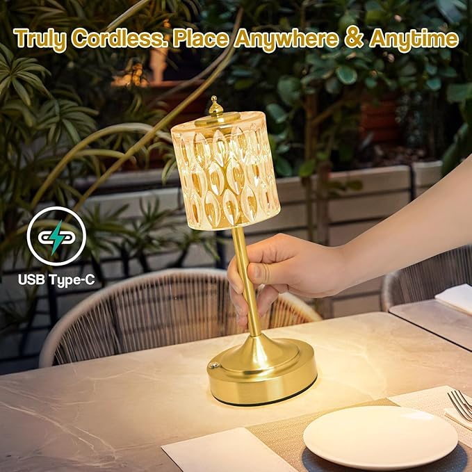 Cordless Crystal Table Lamp, 5200mAh Rechargeable Battery, 3 Color Dimmable Touch Control, Portable Vintage Gold Desk Lamp for Bedroom, Nightstand, Living Room, Home Decor (Amber-2)