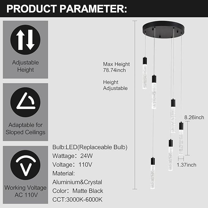 6-Light Matte Black Integrated Crystal Pendant Chandelier,Dimmable LED Ceiling Light with Adjustable Height for Kitchen Island, Dining Room & Bedroom 3000K -6000K