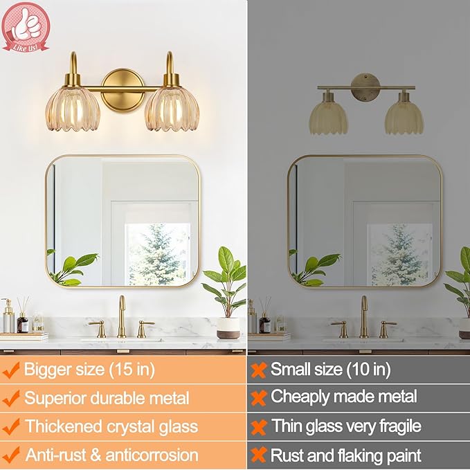 Bathroom Light Fixtures, 2-Light Brushed Gold Vanity Lights for Bathroom with Ribbed Amber Tulip Glass Shade, Vanity Lights Over Mirror for Bedroom, Living Room, Hallway