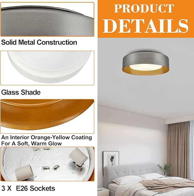 16in Ceiling Light,3-Light E26 Bulb Type,Frosted Glass Lampshape，Large Modern Flush Mount Lamp Fixture for Living Room Bedroom Kitchen Hallway Foyer, Silver Gray