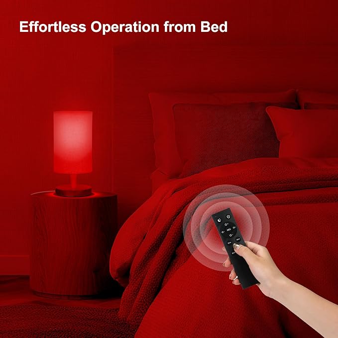Red Light Lamp for Bedroom, Nightstand Lamp with 670nm Red & 3000-6500K White Light, Remote Control, Timer, Night Light, Dimmable LED Bedside Table Lamp with Memory Function, Wood Base & Fabric Shade