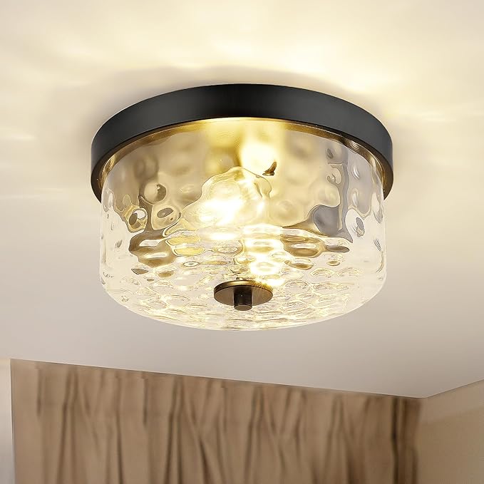 Emak 11 Inch Flush Mount Ceiling Light Fixture, Modern Black Light Fixtures Ceiling Mount with Hammered Glass Shade, 2-Light Drum Ceiling Lights for Bedroom, Bathroom, Hallway, Kitchen, FM082-BK-HG