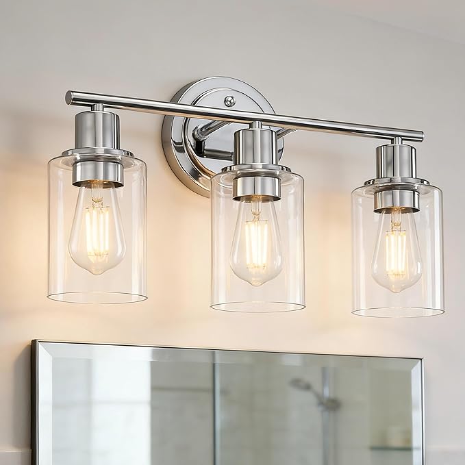 3-Light Chrome Bathroom Light Fixtures Over Mirror,Chrome Vanity Lights for Cabinet, 3 Bulb Bathroom Wall Sconce Light Fixture for Sink