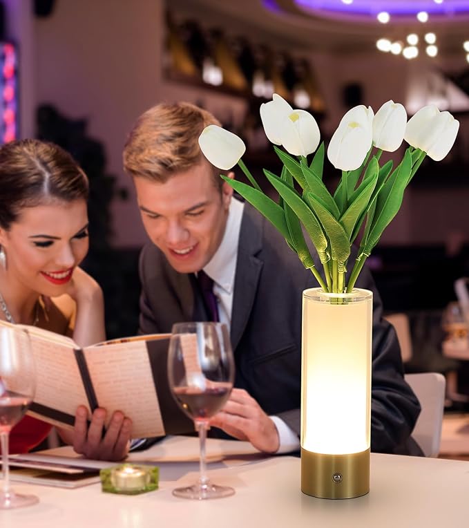 AIHYING Flower Night Light,Touch Vase Lamp,Rechargeable Cordless Table Lamp,Dimming Small Mood Lighting for Dining Table/Bed Room/Bathroom/Closet,Gifts for Women/Mom, Artificial Tulips Included