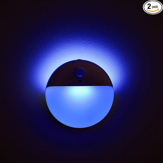 YUNLEX 2 Pack Blue Battery Night Light, Motion Activated Stick on Lights, 2.6" Small Travel Night Light, 3 Light Modes, Very Dim, Dimmable Battery Operated Lights for Toilet, Bathroom, Kids, Game Room