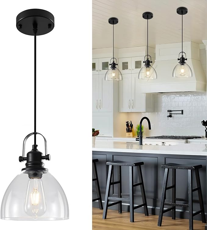 Kitchen Pendant Lights Over Island, 7.5 inch Farmhouse Glass Pendant Light, Industrial Black Pendant Lights Kitchen Island 1-Pack, Hanging Kitchen Pendant Light for Dining Room,Bar, Cafe
