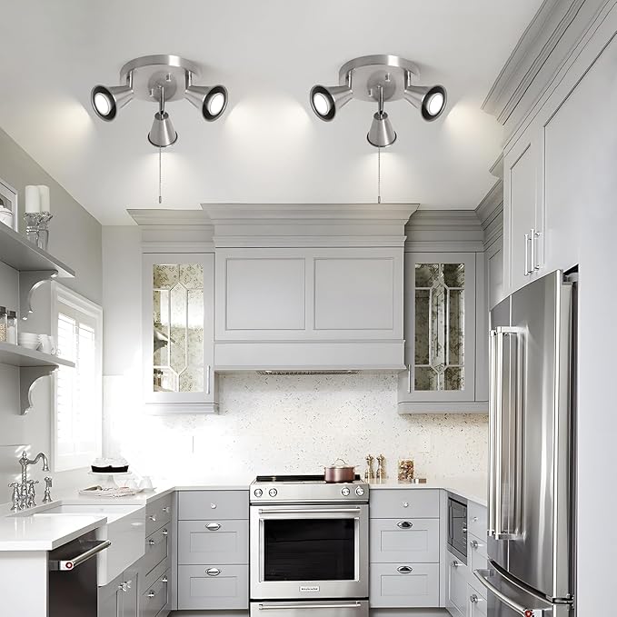 SEEBLEN 3-Light Industrial Directional Track Lighting with Pull Chain On/Off, Adjustable Round Ceiling Spotlight, Morden Nickel Flush Mount Kitchen Light for Hallway,Dining Room,Gu10 Bulbs Included