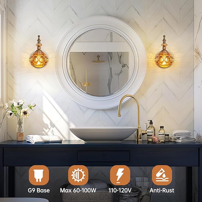 Vintage Wall Sconces with Amber Rose Glass Lampshade Bathroom Sconces Modern Wall Lighting Fixture for Bedside Bedroom Doorway